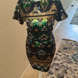 Club L Size 10 Two Piece Sequin Dress Outfit Green Aztec Tribal Club Glam NWT